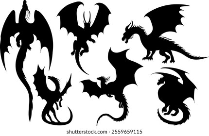 set of dragons silhouette on white background, vector