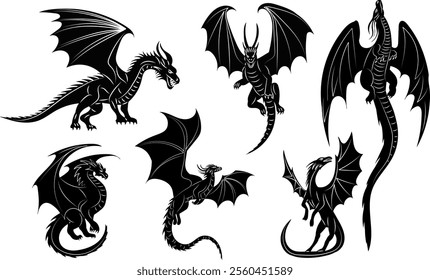 set of dragons silhouette on white background, vector