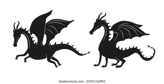 Conjunto de siluetas de dragones. Personaje ficticio de cuento de hadas. Magia y brujería. Imaginación y fantasía. Monstruo y animal de miedo. Colección plana del Vector aislada en el fondo blanco