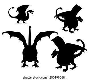 Set with dragons silhouettes isolated on white background. Vector illustration