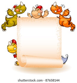 set of dragons and twisted banner in old paper. place for text