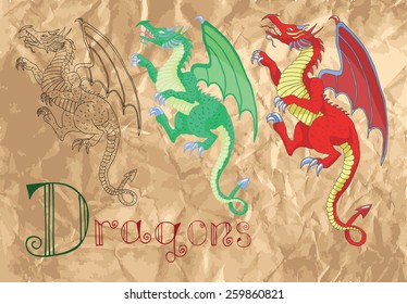 Set with dragons in various styles on grunge paper background, vintage illustration of medieval mythological creatures