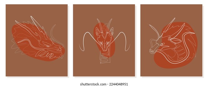 Conjunto de la ilustración de la línea vectorial de dragones. Carácter artístico de una línea, simples elementos asiáticos dibujados a mano. Año nuevo chino 2024 del dragón. Elementos simples dibujados a mano. Ilustración del vector