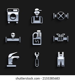 Set Drain cleaner bottle, Wrench spanner, Work overalls, Industry metallic pipe, Water tap, and manometer, valve and Washer icon. Vector