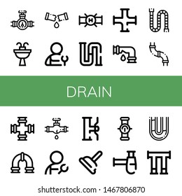 Set of drain icons such as Pipe, Sink, Leak, Plumber, Piping, Water tap, Plunger, Siphon , drain
