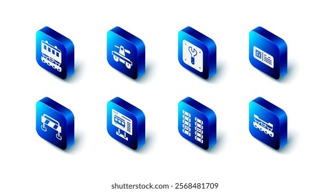 Set Draisine or handcar, Repair of railway, QR code ticket train, Cargo wagon, Railway, railroad track, Ticket office to buy tickets, Road barrier and Passenger cars icon. Vector