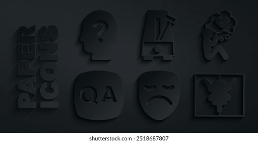 Conjunto Máscara teatral de drama, corazón roto o divorcio, pregunta y respuesta, prueba de Rorschach, metrónomo con péndulo e icono de signo de interrogación de cabeza. Vector