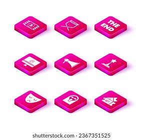 Set Drama theatrical mask, Funny and scary ghost, Online play video, Megaphone, Cinema ticket, Movie trophy, The End handwritten inscription and Director movie chair icon. Vector