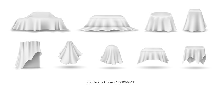 Conjunto de cubiertas de tablas con cubierta. servilleta colgante, mantel, cortina... Manteles cubiertos de tela de seda blanca, cubierta de cortinas de tela. Ilustración realista sobre el fondo blanco.