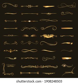 Set of draw gold borders with on black background. Unique curls and dividers for your design. Border ink. Dividers, swirls, scrolls and arrows in vintage style on isolated background