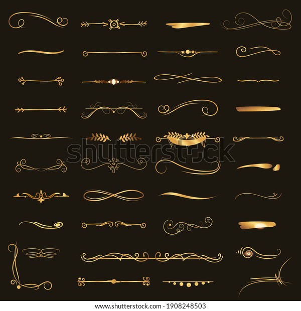Set of\
draw gold borders with on black background. Unique curls and\
dividers for your design. Border ink. Dividers, swirls, scrolls and\
arrows in vintage style on isolated\
background