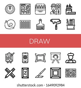 Set of draw icons. Such as Pencil, Snail, Art, Color pencils, Pencils, Brush, Architect, Paint roller, Pencil case, Painting, Fingerprint, Full length mirror, Rune , draw icons
