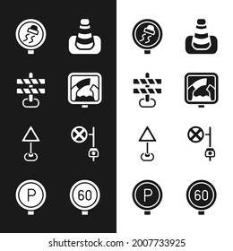 Set Drawbridge ahead, Road barrier, Slippery road traffic, Traffic cone, Triangle warning blank, Stop sign with camera, Speed limit and Parking icon. Vector