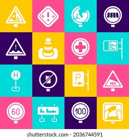 Set Drawbridge ahead, Steep ascent and descent road, ublic transport board, Road traffic sign, Traffic cone, Uneven, Warning and Hospital icon. Vector