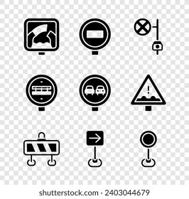 Ponga Drawbridge por delante, detente el signo, con cámara, barrera de carreteras, el paso del tráfico a la derecha, el tráfico, el paso por el ferrocarril y el icono Sin superación. Vector