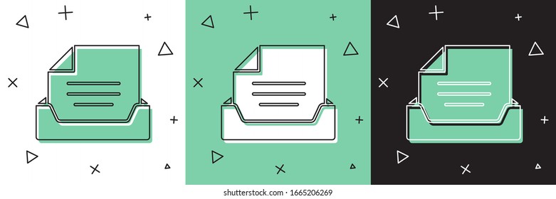 Set Drawer with document icon isolated on white and green, black background. Archive papers drawer. File Cabinet Drawer. Office furniture.  Vector Illustration