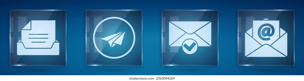 Set Drawer with document, Paper plane, Envelope and check mark and Mail and e-mail. Square glass panels. Vector