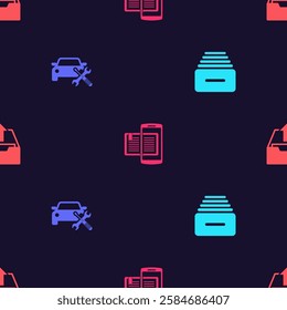 Set Drawer with documents, Car service, Smartphone and book and Upload inbox on seamless pattern. Vector