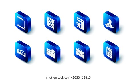 Set Drawer with documents, Coffee machine, Hand for search people, Spiral notebook, Briefcase, Document folder, Movie, film, media projector and Table lamp icon. Vector