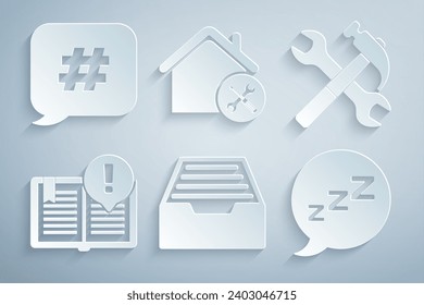 Set Drawer with documents, Crossed hammer and wrench, Interesting facts, Speech bubble snoring, House service and Hashtag speech icon. Vector