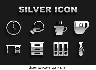 Set Drawer With Documents, Cup Of Tea Tea Bag, Tie, Office Folders, Desk, Coffee Cup, Clock And  Icon. Vector