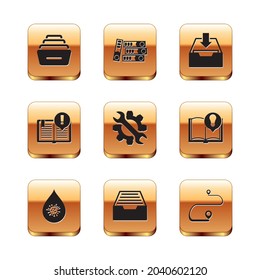 Set Drawer with documents, Dirty water drop, Wrench and gear, Interesting facts, Download inbox, Route location and Office folders icon. Vector