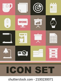 Set Drawer With Documents, File, Wrist Watch, Target Sport, Location Text Work, Computer Mouse, Cup Of Tea Tea Bag And Chalkboard Diagram Icon. Vector