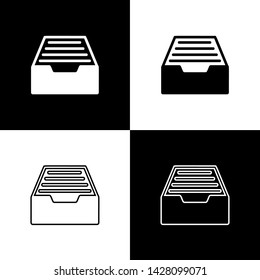 Set Drawer with documents icon isolated on black and white background. Archive papers drawer. File Cabinet Drawer. Office furniture.  Vector Illustration