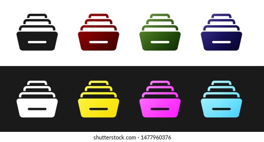 Set Drawer with documents icon isolated on black and white background. Archive papers drawer. File Cabinet Drawer. Office furniture.  Vector Illustration