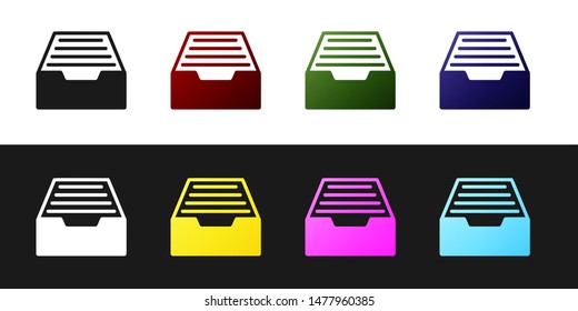 Set Drawer with documents icon isolated on black and white background. Archive papers drawer. File Cabinet Drawer. Office furniture.  Vector Illustration