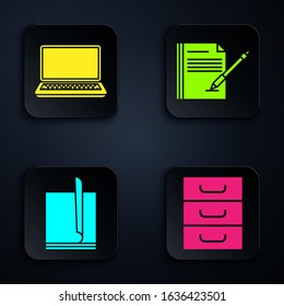 Set Drawer with documents, Laptop, File document and Blank notebook and pen. Black square button. Vector
