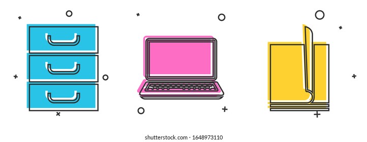 Set Drawer with documents, Laptop and File document icon. Vector