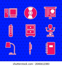 Set Drawer with documents, Pen, Spiral notebook, Office chair, Table lamp, Stationery knife, Chalkboard diagram and Computer monitor icon. Vector