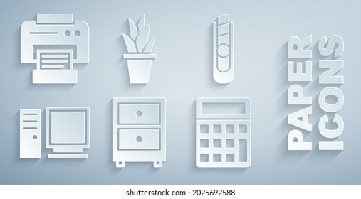 Set Drawer with documents, Stationery knife, Computer monitor, Calculator, Plant in pot and Printer icon. Vector