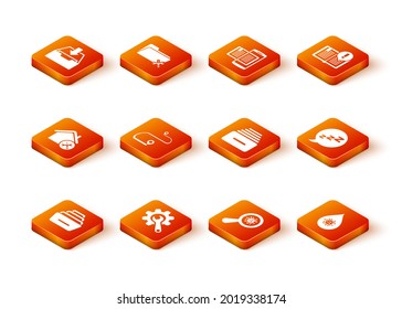 Set Drawer with documents, Wrench and gear, House service, Route location, Microorganisms under magnifier, Dirty water drop and Speech bubble snoring icon. Vector