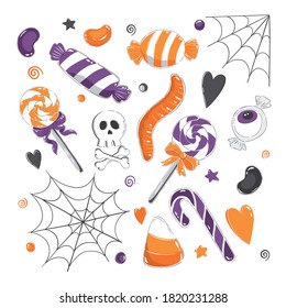 Set of drawing about Halloween in black, orange and purple colors. Isolated on white background. Candies, gummy worms; eye; scull; candy cane. Halloween clipart illustrations