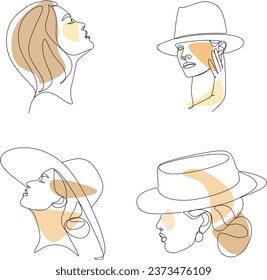 Set for drawing abstract lines of a woman's face in a hat. Fashionable female portrait in minimalist boho style. Drawing of a woman's face contour. Continuous line art Fashionable minimal portrait. Be