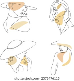 Set for drawing abstract lines of a woman's face in a hat. Fashionable female portrait in minimalist boho style. Drawing of a woman's face contour. Continuous line art Fashionable minimal portrait. Be