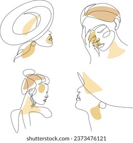 Set for drawing abstract lines of a woman's face in a hat. Fashionable female portrait in minimalist boho style. Drawing of a woman's face contour. Continuous line art Fashionable minimal portrait. Be