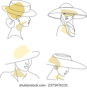Preparado para dibujar líneas abstractas de la cara de una mujer en un sombrero. Retrato femenino de moda al estilo boho minimalista. Dibujo del contorno de la cara de una mujer. Imagen de línea continua Retrato mínimo de moda. Ser