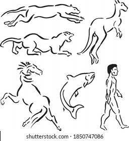 Set of drawing of animals like leopard, puma, kangaroo, horse, salmon and a man walking, in ink brush style. Vector illustration.