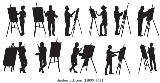 Set of drawing artist silhouette vector illustration
