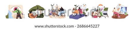 Set of drawing artists. Talented people painting on canvas, on easel. Painters create pictures, graffiti on walls, paint still life in art class. Flat isolated vector illustrations on white background