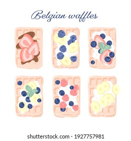 Set of drawing with Belgian waffles decorated with fruits and berries. Hand-drawn illustration for food or lifestyle blog