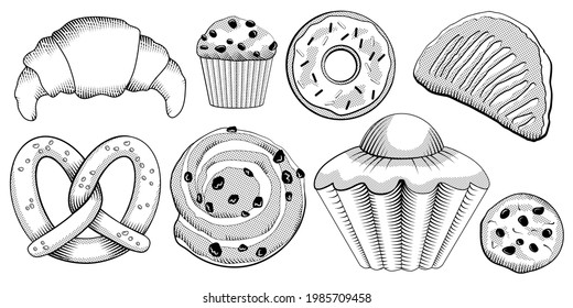 Zeichensatz aus schwarz-weißem Gebäck, verkauft in Bäckerei, Croissant, Brezel, Brioche, Apfelumsatz, Plätzchen, Donut, Muffin, Raisinbrot. 