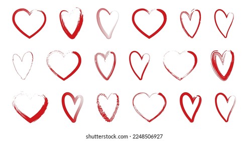 Set of drawing brush red heart icon. Love heart collection