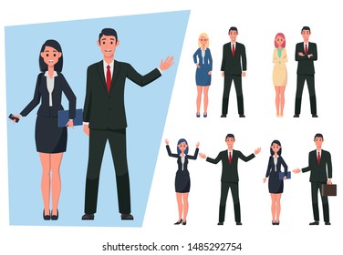 Set for drawing businessman and business lady in different poses. Confident businessman and business lady in various poses. Create your own design. Flat style illustration.