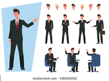 Set for drawing a businessman in various poses. We show the various heads of the characters. Self-confident businessman in various poses. To create your own design. Flat style illustration.