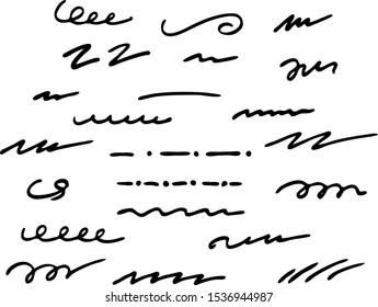 Set of drawing by hand lines for underlining. Diverse linear doodles for design. Wavy, solid and dashed lines in kids style. Vector illustration.