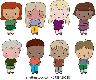 Set of drawing cartoon beautiful kid's and childrens, beautiful boys and girls international. Different races and skin colors. Vector. Isolated from the background